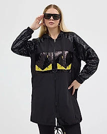 Siyah Pul Detaylı Kapşonlu Trenç Kot