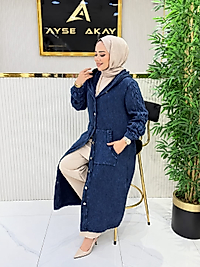 Ayşe Akay Kolu Örme  Kot Detaylı  Kap - Mavi