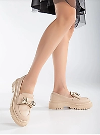 Kalın tabanlı krem  leofer model babet