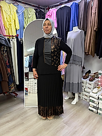 leopar desenli taş detaylı etekli  takım -siyah