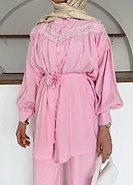 Dantel  Gül Detaylı Takım-Pembe