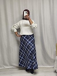 Ekose desenli mavi scuba etek