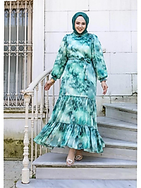 Şifon desenli elbise-AYŞE AKAY-YEŞİL