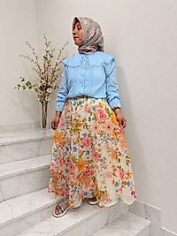 çiçek  desenli kloş etek  -pembe
