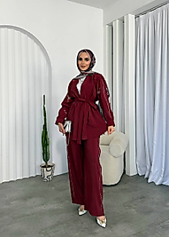 İşleme  Detaylı Kimono Takım - Bordo